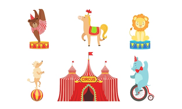 Circus Performers Characters Set Marquee Circus Animals Lion Bear Horse Poodle Dog Elephant Vector Illustration