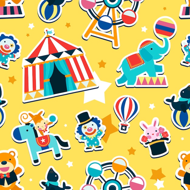 Circus seamless pattern, animals and entertainment elements