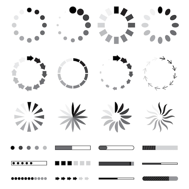 Cirkel webb-preloaders och framstegsfältikoner. Laddningselement. Svart och grått isolerat på vit bakgrund. Vektorillustration av nedladdnings- eller uppladdningsstatus