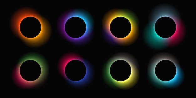 Cirkeloplyst ramme med gradient Sæt med otte runde neonbannere isoleret på sort baggrund Vektorillustration