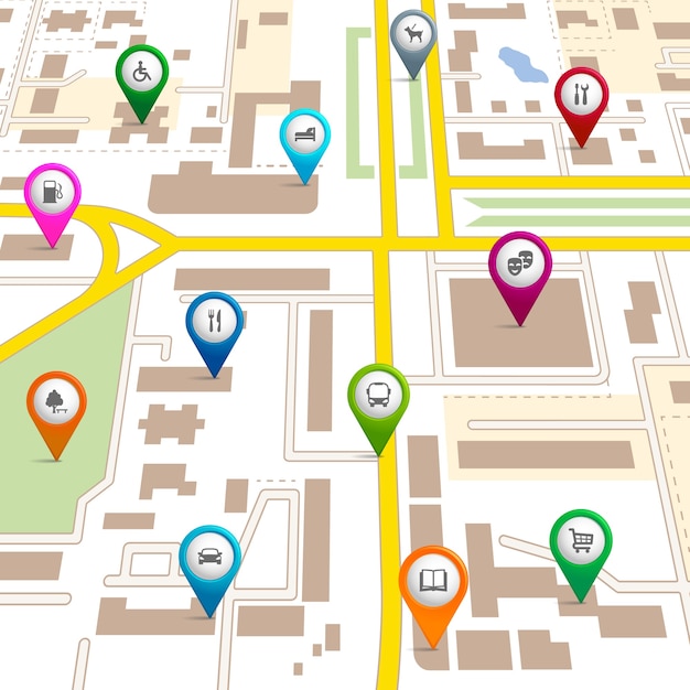 city map with pin pointers giving the location of various services such as the theatre  garage  hotel  hospital  supermarket  restaurant  park  dog walking  bus  library  and car park