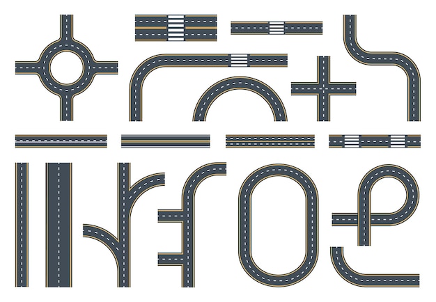 city markings roads and crossroads asphalt roads highway street road twists and traffic circles highway city map flat vector illustration set highways roads marking
