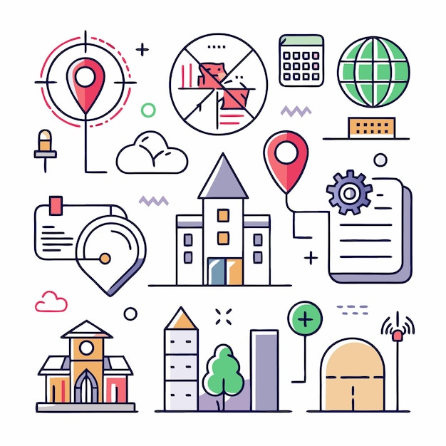 Cityscape with buildings location pin and symbols representing global business and technology