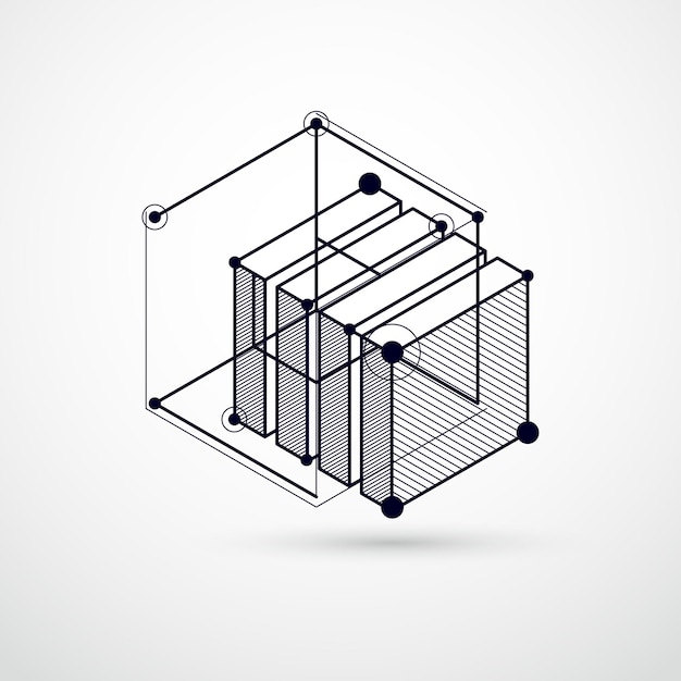 Çizgiler ve 3D küplerle oluşturulmuş siyah beyaz endüstriyel sistemin vektör çizimi. Modern geometrik kompozisyon, şablon ve yerleşim düzeni olarak kullanılabilir.