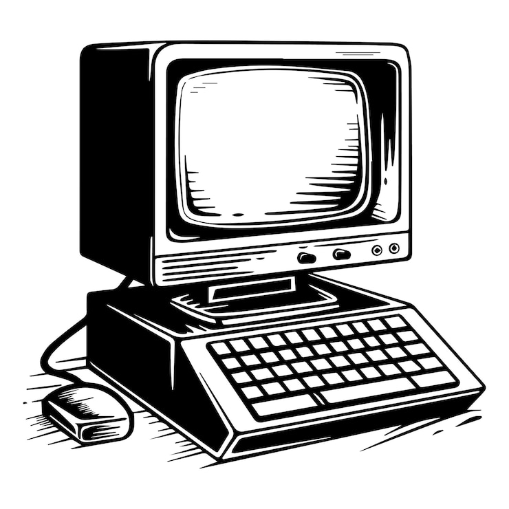 Vektor classic handdrawn vintage illustration of an old computer with detailed engraving