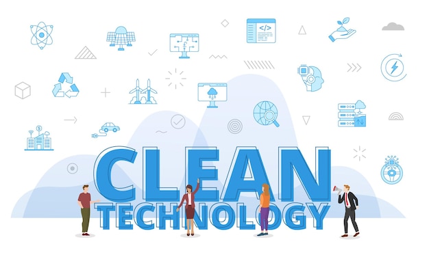 Clean technology concept with big words and people surrounded by related icon spreading with modern blue color style