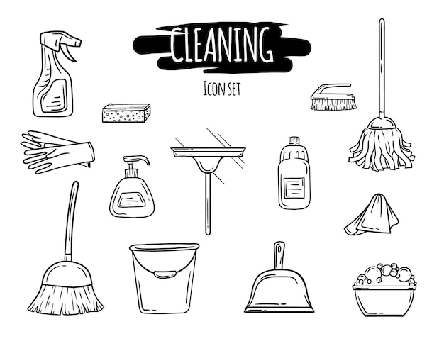 Cleaning icons set Black and white vector editable illustration of cleaning supplies tools