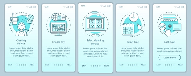 cleaning service booking onboarding mobile app page screen, linear concepts. online form filling. cleanup company. five walkthrough steps graphic instruction. ux, ui, gui vector template, illustration