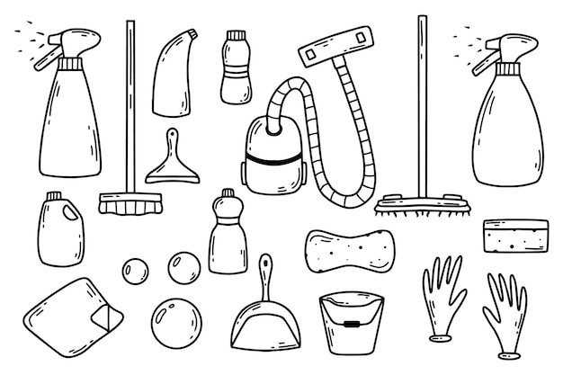 Cleaning services House cleaning kit vector illustration Doodle style Vacuum cleaner bottles spray and bubbles