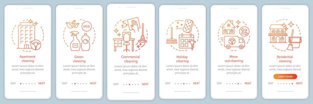 Cleaning services onboarding mobile app page screen linear concepts