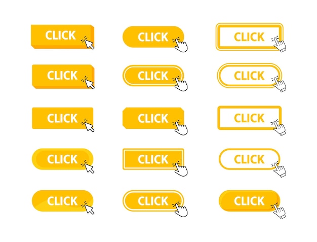 Click button with pointer clicking web button finger pressing click to click here concept vector