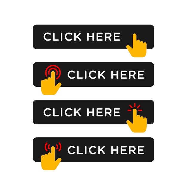 click here button in flat style design with various hand finger