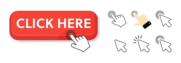 click here button with hand pointer clicking vector illustration on a white background