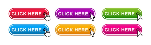 Click here web buttons. Set of action button click here with arrow pointer. Vector illustration.