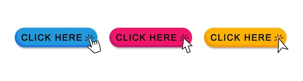 Click here web buttons Set of action button click here with arrow pointer