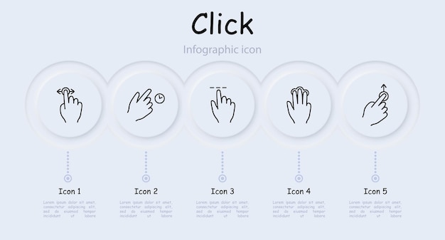Click set icon Press double touch swipe left and right hold 3D touch hold swipe with two fingers smart movement scroll move neomorphism infographic Abstract gestures concept