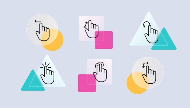 Click set icon Tap Index finger zoom in tapping sliding 3d object modeling directing arrow sensor touchscreen watch Pressing concept Glassmorphism style Vector line icon