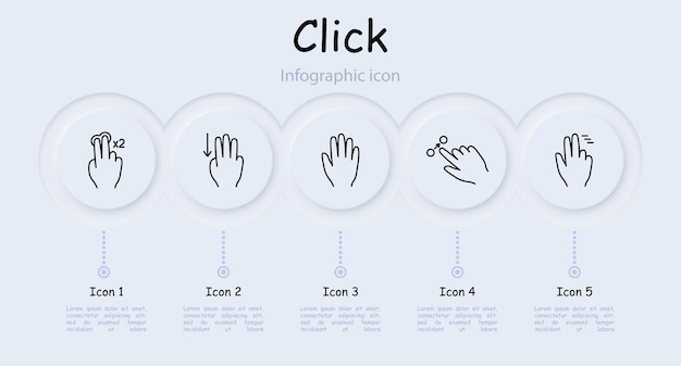 Clicks set icon Double click palm hand swipe move object scroll down with three fingers hold move up pinch with three fingers hold infographic delay with three fingers Gestures concept
