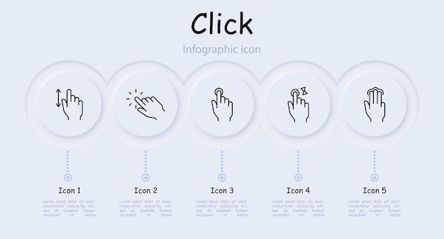 Clicks set icon Press double touch 3D touch zoom out zoom in swipe shift rotate scroll delay load left finger hand palm feed triple tap infographic neomorphism Gestures concept
