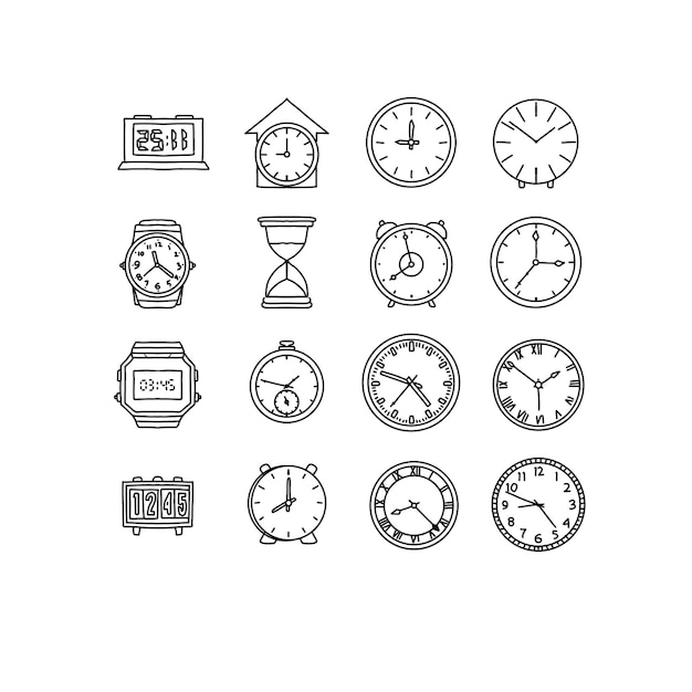 clock hand drawn doodle illustrations vector set