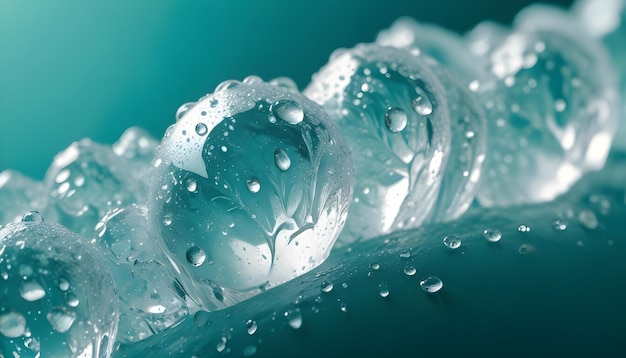 closeup image of a row of clear reflective water droplets arranged on a teal background the droplets are smooth and glossy creating a dynamic and textured effect