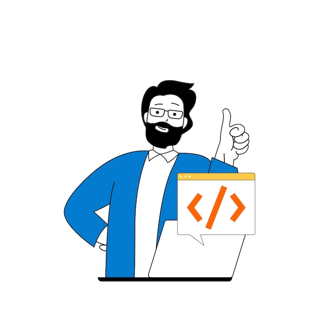 Cloud computing concept with cartoon people in flat design for web Man working as programmer and using online processing data tech Vector illustration for social media banner marketing material