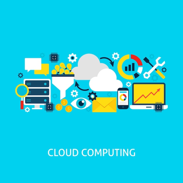 Cloud Computing Flat Concept. Poster Design Vector Illustration. Set of Big Data Colorful Objects.