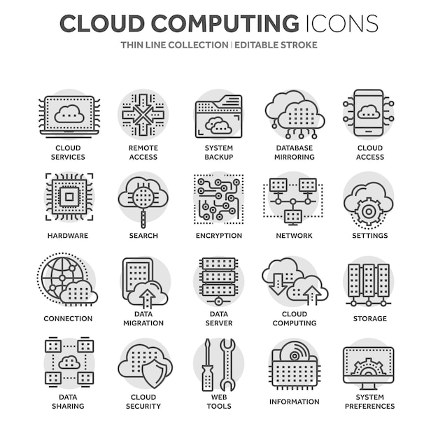 Cloud computing Internet technology Online services Data information security Connection Thin line black web icon set Outline icons collectionCircle element