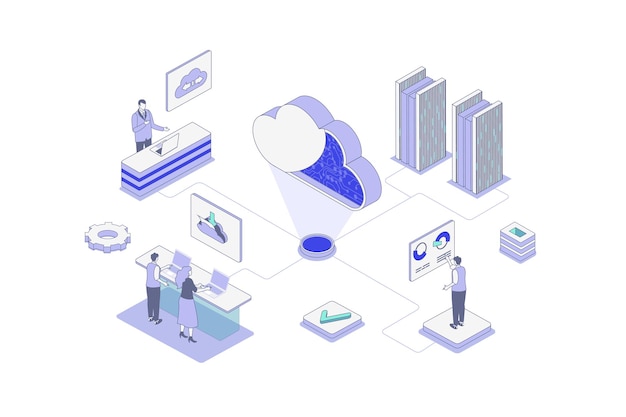 Cloud computing isometric concept in outline isometry design for web People using online data storage platform uploading files and computing with secure access to server Vector illustration