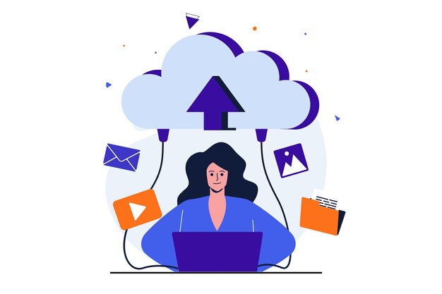Cloud computing modern flat concept for web banner design Woman sharing videos and images