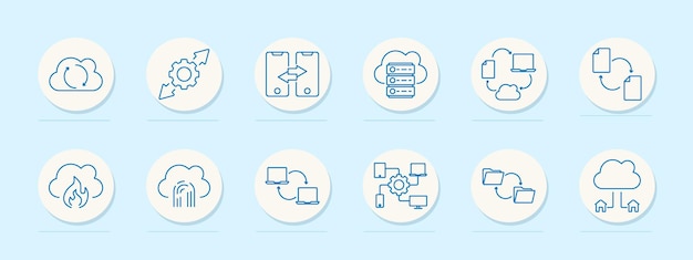 Cloud computing set icon Cloud sync arrows file sharing server data exchange folder structure remote storage database transfer upload file transfer cloud home network