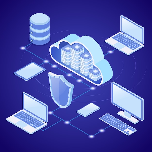 cloud computing technology isometric concept with computer, laptop, mobile phone, tablet and shield icons.