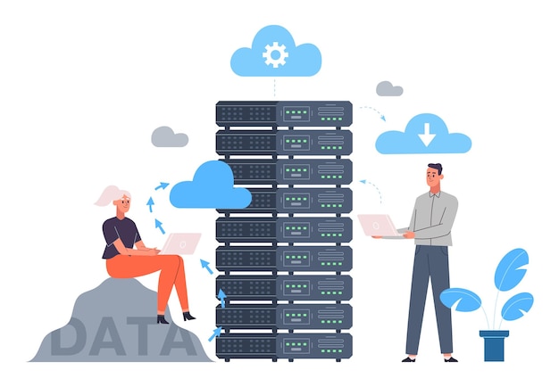 Cloud data server online database storage technology concept Data storage engineering cloud hosting computing concept vector illustration Cloud storage technology Data cloud storage network