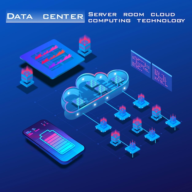 Cloud data storage Server room The process of processing and storing data Central processing unit in an isometric view Concept banner