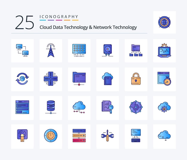 Cloud Data Technology And Network Technology 25 Line Filled icon pack including folder computing computing audio server