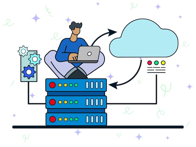 Cloud server data backup Man using laptop to synchronize database server