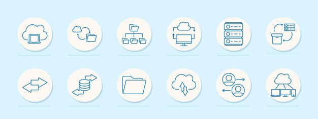Cloud storage set icon Cloud with laptop folder synchronization hierarchical folders server remote access file exchange database transfer folder storage upload user sync network