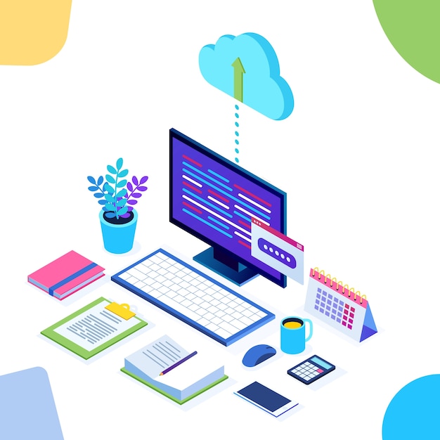 Cloud storage technology. Data backup.  isometric computer, pc with mobile phone  on background. Hosting service for website.   