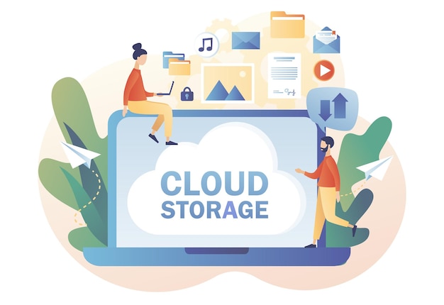 Cloud storage text on laptop screen Tiny people place data music photo video in big cloud