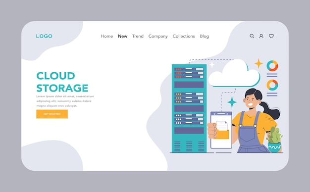 Cloud storage web or landing enthusiastic woman uploading files from her smartphone to the cloud