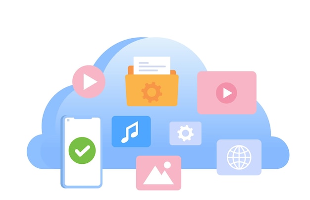 Cloud system file download database protection concept data center file management flat illustration vector banner