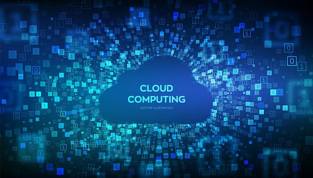 Cloud technology background Cloud computing Cloud storage internet concept Abstract futuristic cyberspace Binary data flow tunnel Big data Digital code with digits 10 Vector Illustration
