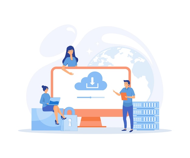 Cloud technology People storing data on cloud server cloud computing online database
