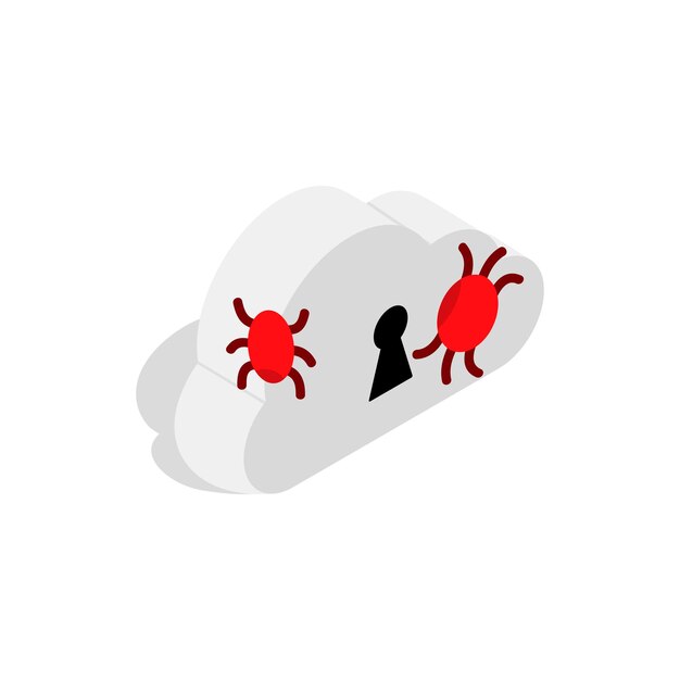 cloud with keyhole and computer virus icon in isometric 3d style on a white background