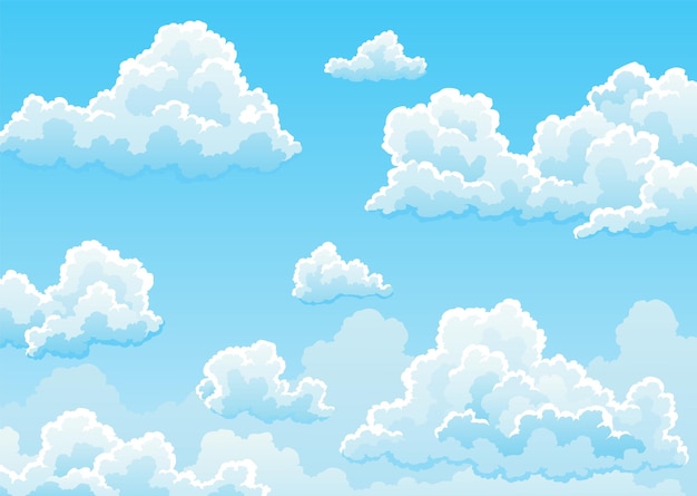 Cloudscape sky cartoon background Light blue daytime sky with white fluffy clouds Heaven with bright weather summer season outdoor scene Vector illustration