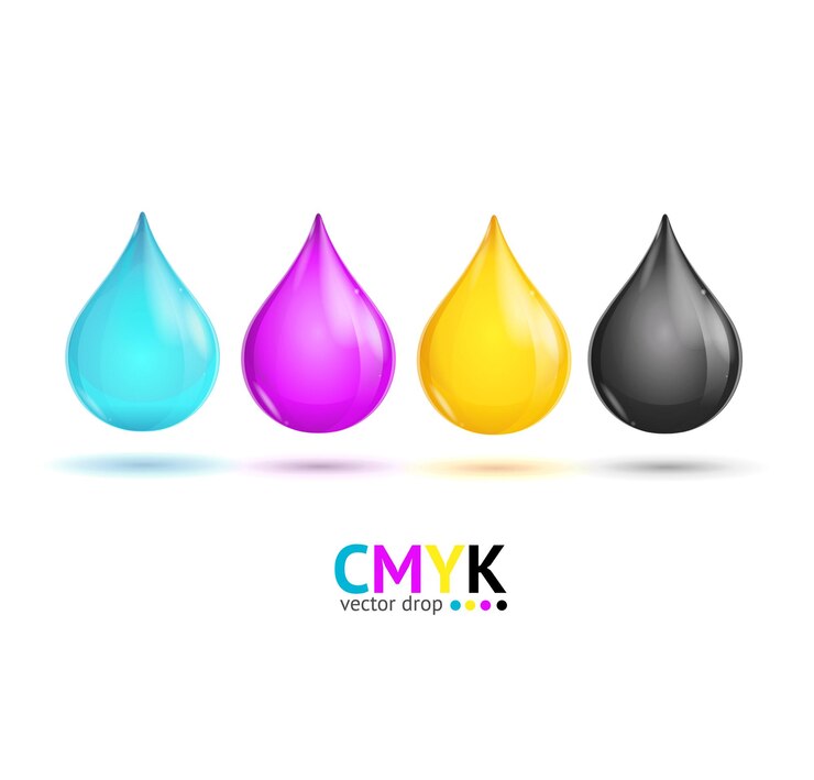 Vektör cmyk glossy paint drops set. vector illustration