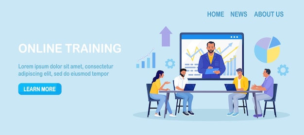 Coach speaking before business people online Mentor presenting charts and reports Webinar video conference Employees meeting at business training seminar courses Internet presentation lecture