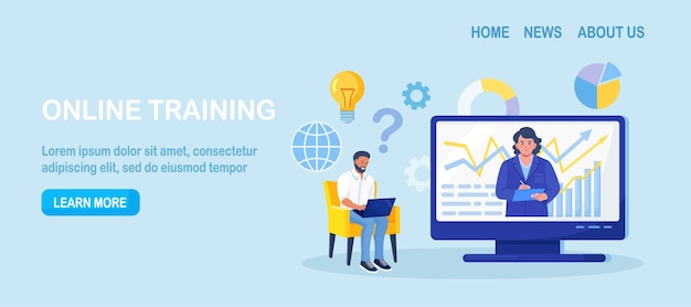 Coach speaking before man online Mentor presenting charts and reports Webinar video conference Employee meeting at business training seminar courses Internet presentation lecture