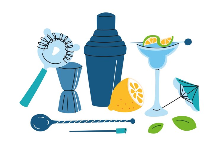 Cocktail accessories vector illustrations flat cartoon icons of shaker strainer lemon and glass