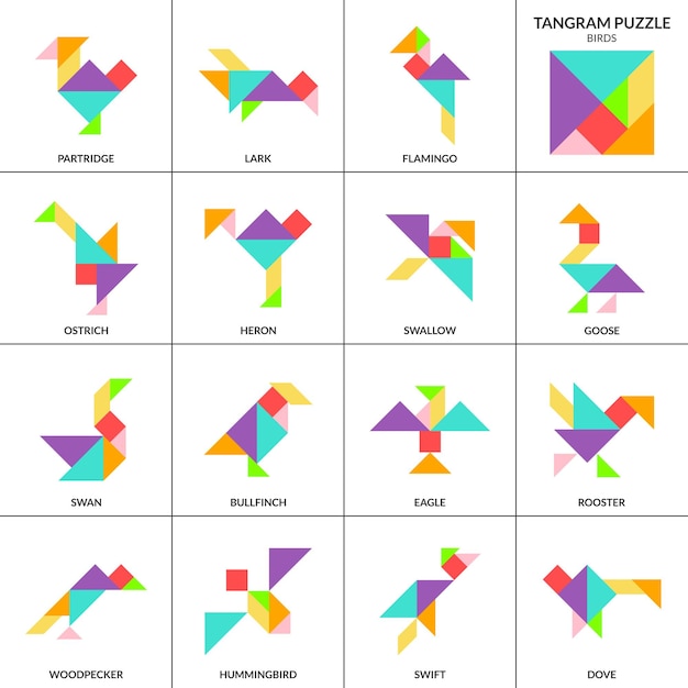 Çocuklar için Tangram bulmaca oyunu. Çeşitli izole kuşlarla vektör renkli koleksiyon izole